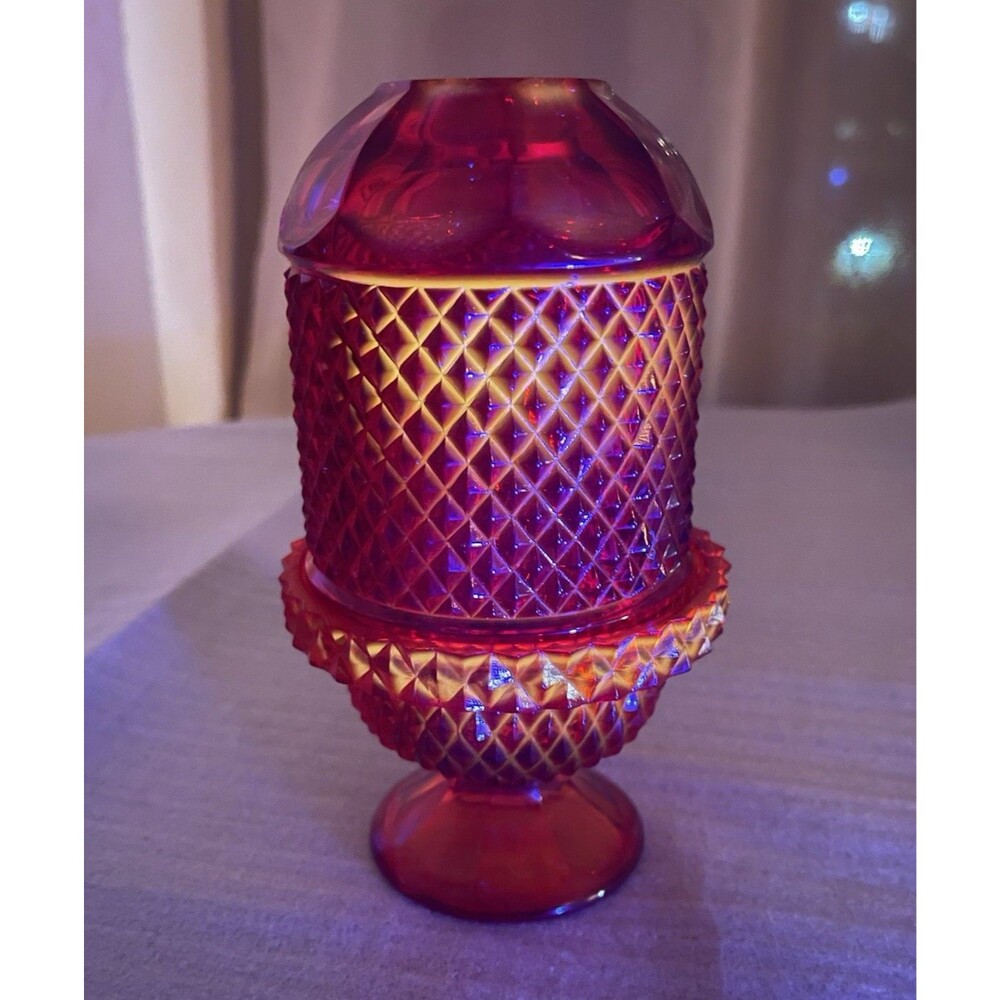 Viking Glass Dimond Point Fairy Lamp 6.75” UV Glows Red Amber Color Variation - Picture 3 of 14